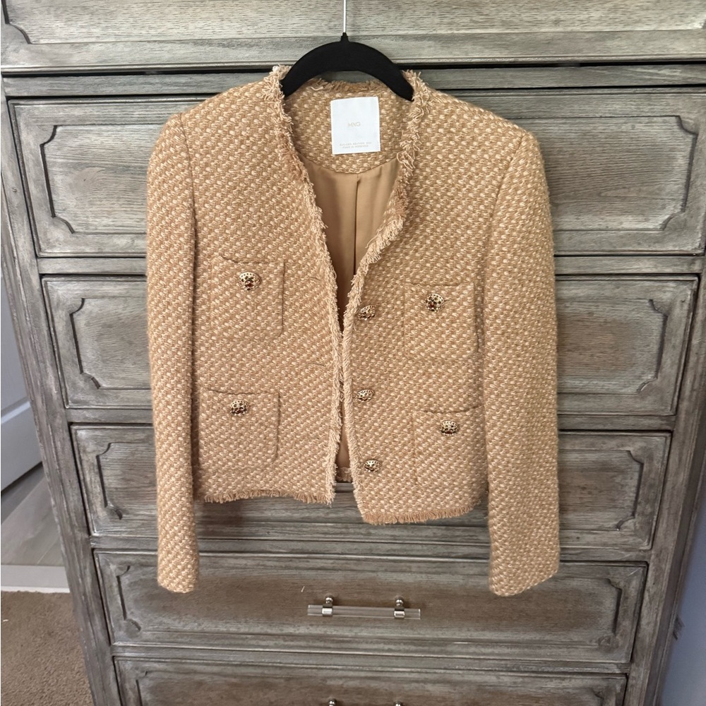 Mango Tan Tweed Blazer with Button Accents